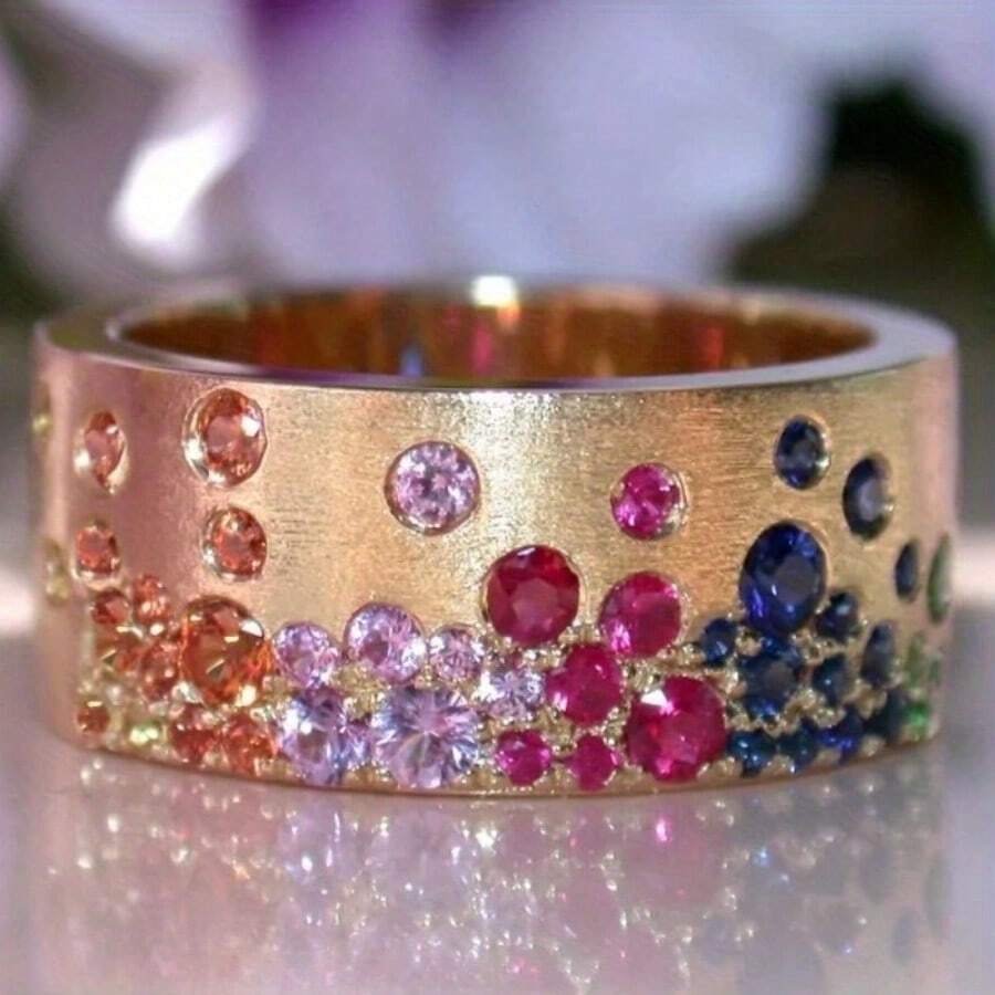 1 件奢华宽带铜合金镶嵌多色合成方晶锆石戒指，女士订婚结婚戒指，日常佩戴戒指