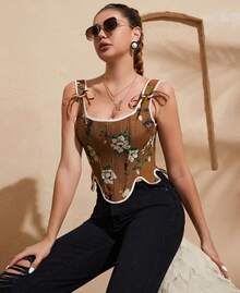 Womens Vintage 1920s Renaissance Lace Trim Corset Bustier, Retro Fashion - Kupu-kupu Coklat - View 5
