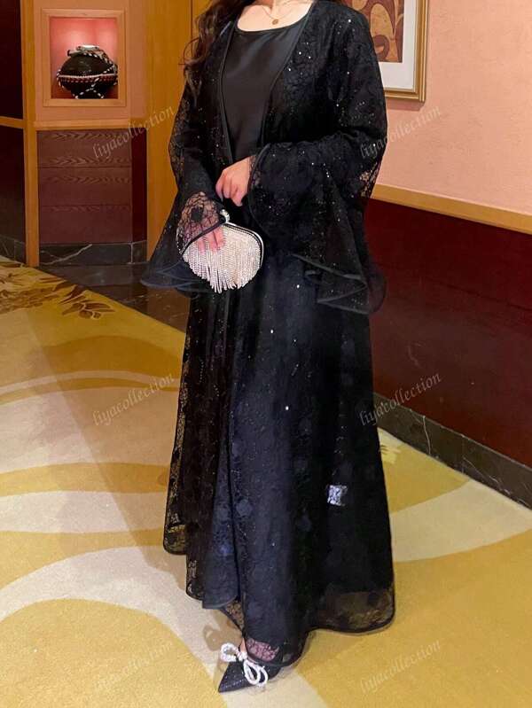Abaya de encaje modesta con vestido interior, conjunto de abaya de dos piezas con encaje de lentejuelas para ocasiones especiales