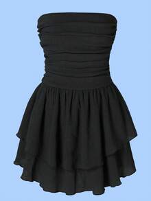 Women's Elegant Strapless Pleated Mini Dress, Black Tube Top Ruffle Hem Elastic Waist Double Layer Flounce Design, Lightweight Summer Dress - Black - View 5