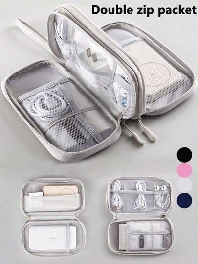 1pc Double Layer Digital Accessories Storage Bag, Electronics Accessories Travel Organizer Bag Fits Phone, Cables, Coins, Jewelry, Divider Compartments For Power Bank, Mouse, Charger, Data Cables, Hard Drive, Protective Cover,Boho Vibes