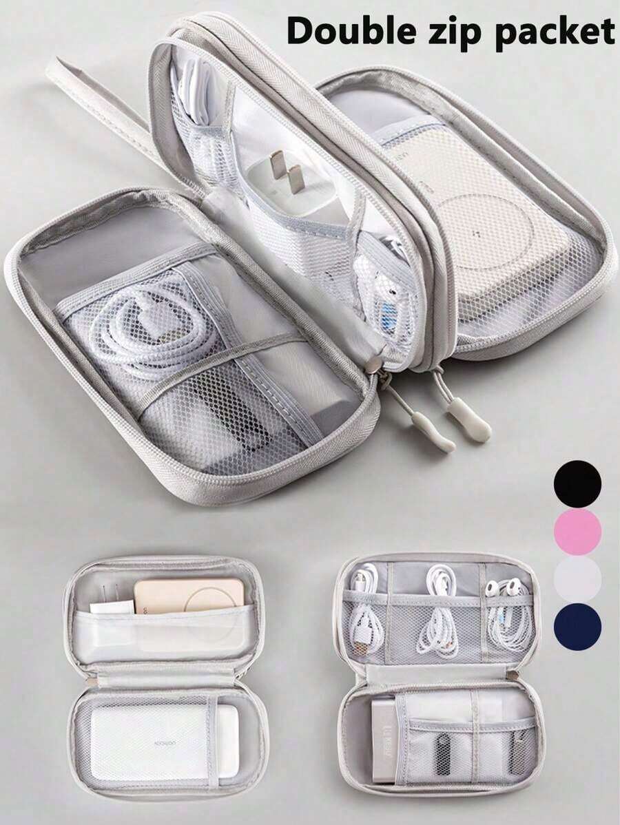 1pc Double Layer Digital Accessories Storage Bag, Electronics Accessories Travel Organizer Bag Fits Phone, Cables, Coins, Jewelry, Divider Compartments For Power Bank, Mouse, Charger, Data Cables, Hard Drive, Protective Cover,Boho Vibes - 查看 1