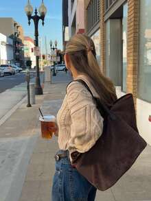 Senya 秋冬新款复古超大翻领双拉链麻花针织开衫，宽松落肩休闲开衫，日常通勤、教师、机场、冬季情人节、新年等场合皆宜 - 卡其色 - 查看 3