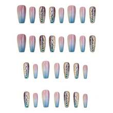 Uñas postizas cuadradas medianas con diseños de Glow Haven, uñas falsas acrílicas de longitud media con forma cuadrada, uñas en forma de ataúd cortas artificiales con encantos, adhesivo para uñas postizas para mujeres y niñas (CY1040) - Línea dorada y diamantes de imitación azules - Ver 3