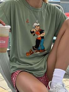 Women's New Popeye Cartoon Graphic Round Neck Short Sleeve Casual T-Shirt, Fashionable Versatile For Spring/Summer Daily Wear - Green - View 7