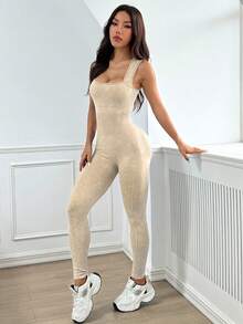 TCVC Damen Sandgewaschener Sport-Jumpsuit, bequem atmungsaktiv ärmelloser figurbetonter Schnitt, geeignet für Yoga, Fitnessstudio-Training, Formwäsche für alle Jahreszeiten Sommer - Champagnerfarben - Übersicht 3