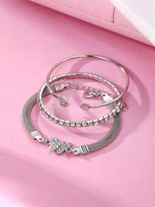 3pcs Luxury Simple Personalized Rhinestone Butterfly & Heart Design Stacking Bangle Bracelet Set For Women, Elegant - 銀色 - 查看 5