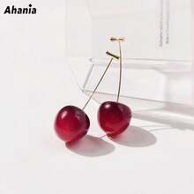 Ahania Red Cherry Earrings Fruit Pendant Long Cherry Earring With Gold Pin Cute Women's Jewelry - 酒紅色 - 查看 2