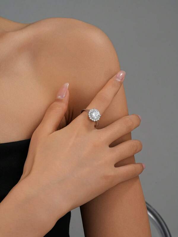 S925 Sterling Silver Sunflower Platinum Plated Engagement Ring, Suitable For Wedding, Proposal, Anniversary Gift
