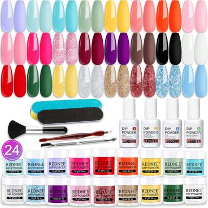 REDNEE Kit de polvo de inmersión para uñas de 33 piezas, incluye 24 colores brillantes, base, capa superior, activador, conservante de cepillo y herramientas esenciales para diseño de arte de uñas para uso en el hogar, salón o como regalo para mujeres