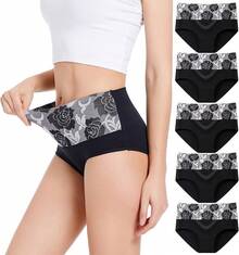 Women's Cotton High Waist Tummy Control Panties Jacquard Ladies Panty Multipack - Comfort - 簡報 04 - 5 件裝 - 黑色 - 查看 1
