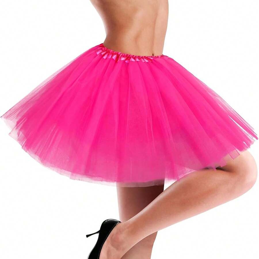 Tutu For Women Adults 5 Layered Tulle Skirt Halloween Tutu Skirts For Women 80S Tutu Adult Tutus Fluffy Skirt Running - 亮粉色(15.7吋長) - 查看 1