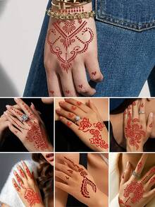 10 件装指甲花纹身模板可重复使用绘画模板适用于手部身体艺术花朵临时纹身模板袖套婚礼新娘美容 - 黑色 - 查看 3