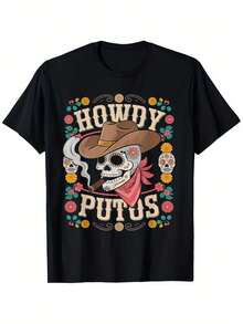 Howdy Putos Funny Western Cowboy Skull Spanish Slang T-Shirt Soft Touch 100% Pure Cotton Fashion  Casual Letter Printed Round Neck T-Shirt 180g Fabric Weight Regular Size S-XXXL T-Shirts,100% Pure Cotton Short Sleeved Shirt, Essential For Summer And Spring, Loose Casual Round Neck, Men's Letter Printed T-Shirt, Suitable For Sports Enthusiasts - Black - View 1