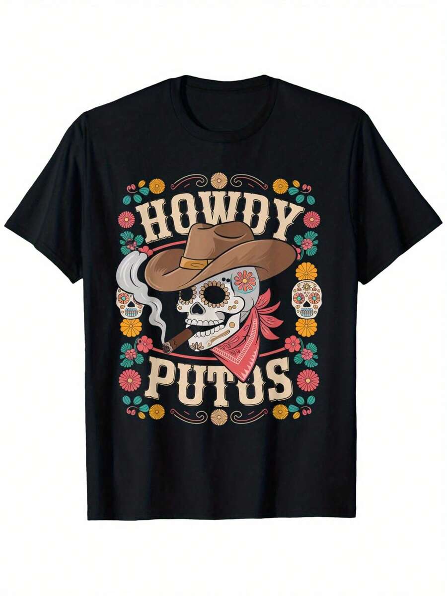 Howdy Putos Funny Western Cowboy Skull Spanish Slang T-Shirt Soft Touch 100% Pure Cotton Fashion  Casual Letter Printed Round Neck T-Shirt 180g Fabric Weight Regular Size S-XXXL T-Shirts,100% Pure Cotton Short Sleeved Shirt, Essential For Summer And Spring, Loose Casual Round Neck, Men's Letter Printed T-Shirt, Suitable For Sports Enthusiasts - Black - View 1