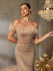 Faeriesty Faeriesty Strapless Beaded Mermaid Evening Gown With Feather-Accented Shoulders & Back Tie-Up Detail - High-Slit Sheer Tulle Dress For Grand Galas, Luxury Weddings, Red Carpet Events, Black-Tie Receptions
