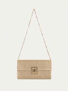 Bolso de playa con solapa con cierre de giro, de paja trenzada con cadena, tipo clutch