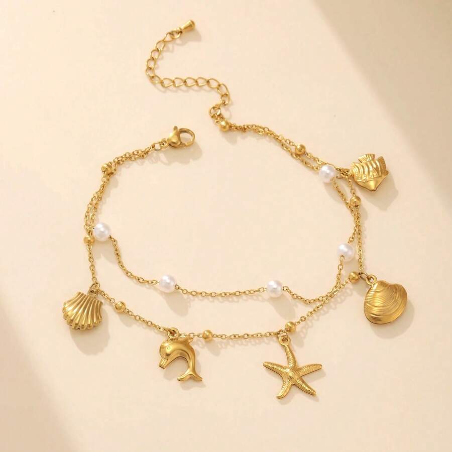 1 件女士优雅时尚不锈钢脚链，带海星、海豚、贝壳装饰，波西米亚海滩、度假、购物服饰 - 金色 - 查看 1