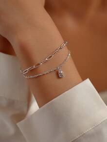 Tkool 2 件套女士手链，时尚简约方晶锆石几何矩形吊坠设计多层手链套装，独特的珠宝礼物