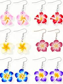 1 对夏威夷海滩度假风格粉色软粘土鸡蛋花吊坠耳环，甜美花朵设计，可爱的女士珠宝，适合女性日常佩戴、海滩度假、派对佩戴 - 彩色 - 查看 13