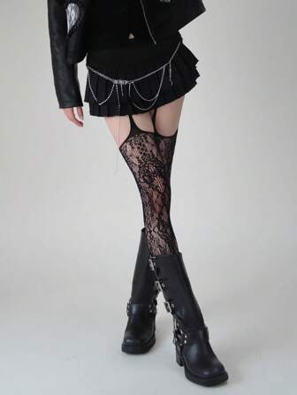 1/2 paire de bas-jarretières à motif de fleurs et de vignes, bas résille en jacquard dentelle une-pièce pour femmes