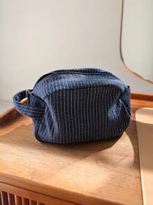 Classic Striped Large Capacity Handheld Makeup Bag, Linen Fabric, Dark Color Zipper, Skincare Products Travel Storage Pouch