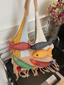 Swim Mod Bolso de mano de tejido hecho a mano, bolso de gran capacidad de punto multicolor, nueva bolsa de transporte 2025 - Multicolor - Ver 7