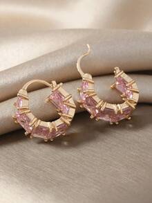 1pair Cubic Zirconia Women's Earrings, Minimalist Fashion Ear Hoops Charming Unique Design Daily Jewelry Birthday Gift - 粉色 - 查看 4