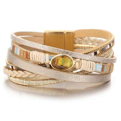 1pc Brass Tube Crystal Zirconia Khaki Color Adjustable Leather Bracelet, Gifts For Mother's Day