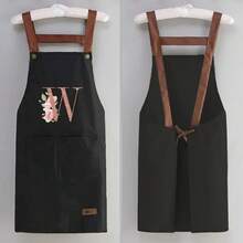 1 件套家用厨房围裙 - 可调节肩带设计，大前口袋成人男女烹饪耐用围裙，四季创意字母 A-Z 印花围裙轻薄围裙餐厅店服务员工作制服 - 黑色 - 查看 35