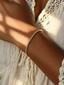 Charm-In 1pc Minimalist Fashion Versatile 18K Gold Plated Brass Beaded Bracelet For Women, A Valentine's Day Gift