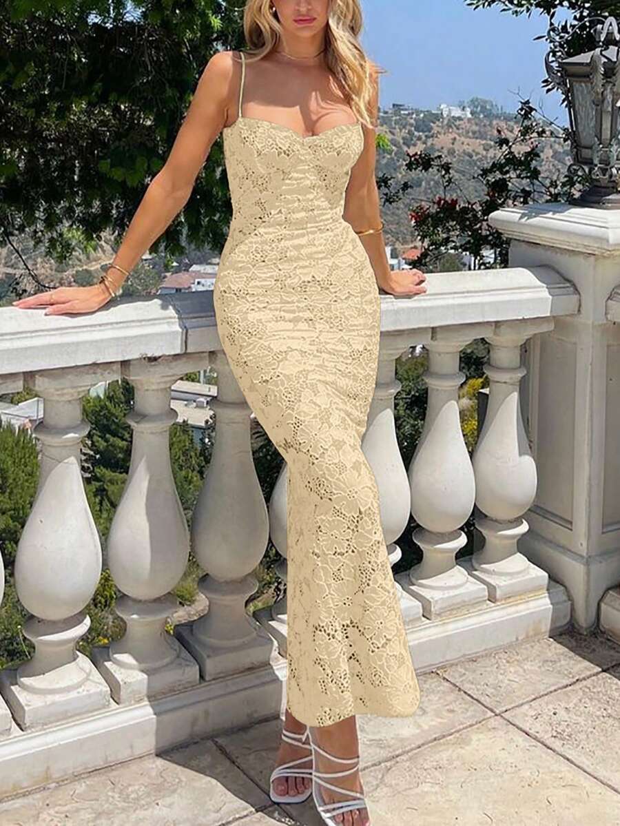 女士优雅性感蕾丝吊带修身长裙，适合度假、派对、晚宴、婚礼、春季等场合 - 杏色 - 查看 1