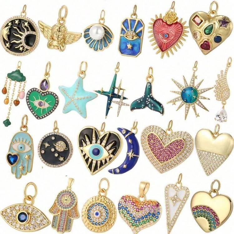 1pc Floral Evil Blue Eye Tail Sun Moon DIY Charm Pendant, Cute Heart-Shaped Golden Bohemian Style DIY Pendant, Halloween Jewelry Decoration - Yellow Gold - View 8