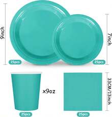 100Pcs Teal Tableware Set Teal Blue Disposable Dinnerware 50Pcs Paper Plate 25Pcs Napkin 25Pcs Cup For Birthday Wedding Baby Shower Family Picnic Party Supplies Table Decor - 水鴨藍 - 查看 5