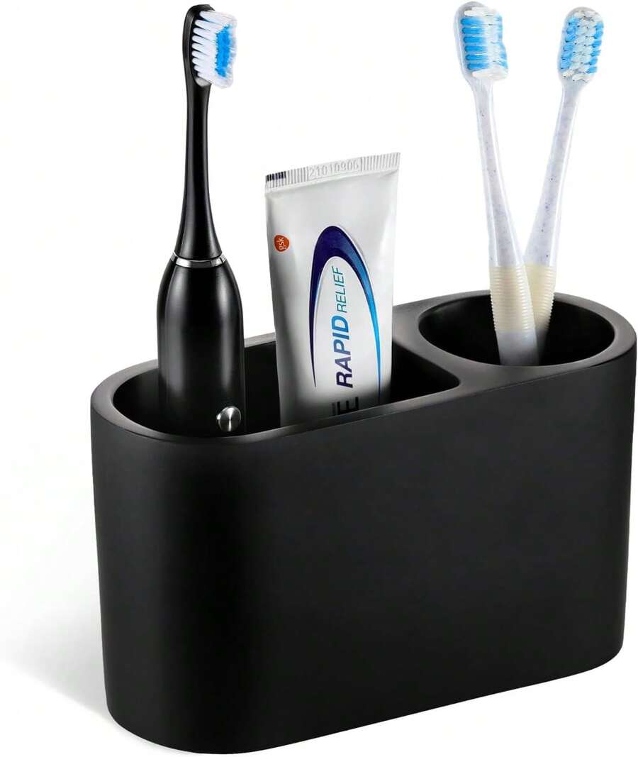 Toothbrush Holder, 2 Slots Toothbrush And Toothpaste Holdersfor Bathrooms, Resin Toothbrush Holder Electric Toothbrush Stand For Vanity Countertop, Bathroom Accessories, Matte Black - 黑色 - 查看 1