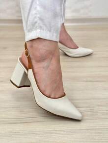 BLOCK HEEL PUMP OPEN BACK WHITE Simple Elegant Office - White - View 2