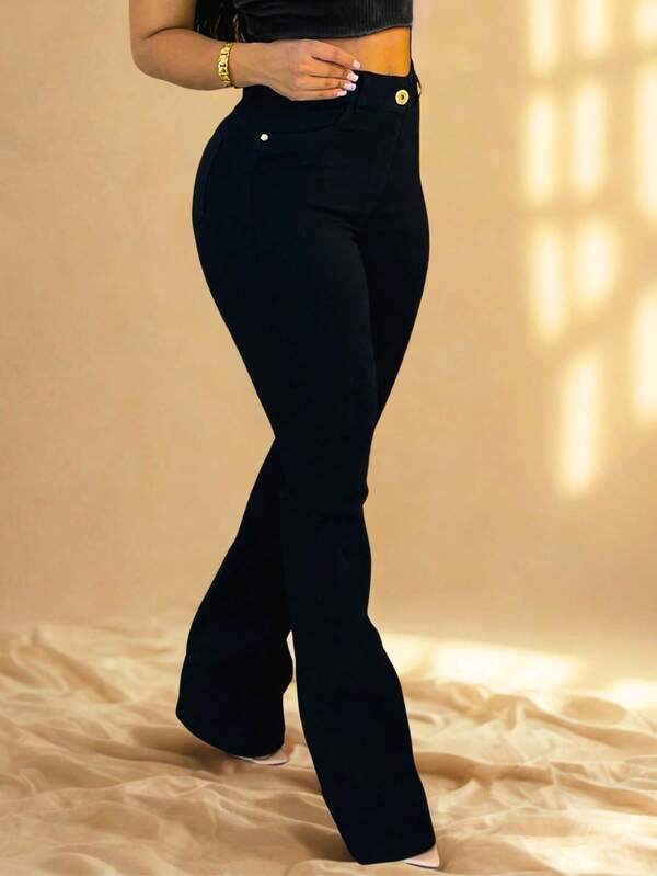 Calça Jeans Feminina Flare Preta Cintura Alta Modela Empina Bumbum