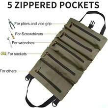 Multi-Purpose Roll-Up Tool Organizer Bag- Compact, Durable Fabric Storage Bag With 5 Zippered Pockets For Pliers, Vise Grips, Screwdrivers, Wrenches & Sockets - Perfect For Work And Outdoor Adventures - Army Green - View 5