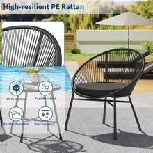 3 Pieces Outdoor Acapulco Chair Patio Bistro Set, All-Weather Patio Conversation Bistro Set With Glass Top Table  2 Chairs W/ Soft Cushion, Outdoor Rattan Patio Furniture Set For Balcony, Pool, Garden - Black - View 3