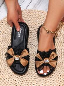 Pantuflas planas con lazo y brillantes para mujer, aptas para uso en exteriores en primavera/verano