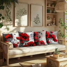 4pcs Pillowcase Set, Oil Painting Art, Large Red Peony And Other Decorative Patterns, Perfect Choice For Home And Outdoor Holiday Decoration, Single-Sided Printing, No Pillow Core