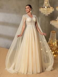 Faeriesty 奢华 V 领串珠晚礼服，搭配加长袖和夸张 A 字裙摆，优雅优雅，适合红毯盛典、黑色领带颁奖典礼、高调婚礼、奢华晚会、正式慈善活动