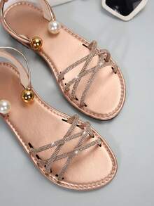 新款夏季女士金属仿珍珠装饰休闲平底凉鞋，清新时尚，沙滩鞋 - 香檳色 - 查看 7