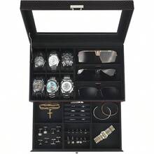 Watch Jewelry Box Anizer 6Slot 2Layer Watch Case And Sunglasses Storage With Large Glass Lid Men's Jewelry Box With Lock Watch Holder Display Case Gift For Men Women - 黑色-6槽 - 查看 1