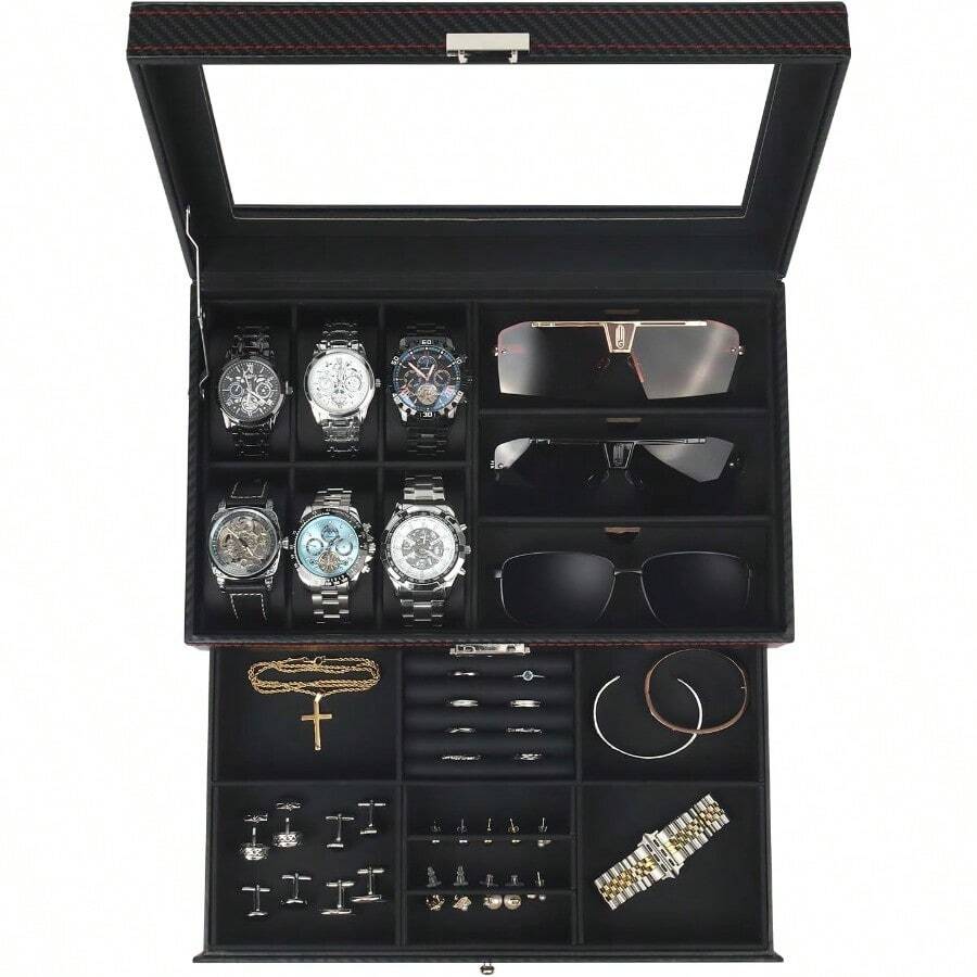 Watch Jewelry Box Anizer 6Slot 2Layer Watch Case And Sunglasses Storage With Large Glass Lid Men's Jewelry Box With Lock Watch Holder Display Case Gift For Men Women - 黑色-6槽 - 查看 1