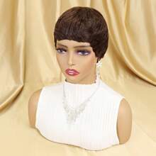 无胶短鲍勃精灵短发假发 - 真人发玫瑰网帽自然黑色，短发假发真人发精灵短发假发适合女性，无胶短鲍勃带刘海，万圣节，化装舞会全机器制造，玫瑰帽，中性风格适合作为女性礼物真人发精灵短发假发适合，中性风格适合个体适合所有种族，女士精灵短发假发