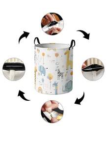 1 pieza Cesta de almacenamiento redonda plegable de gran capacidad con asa y diseño de animal lindo, caja de almacenamiento plegable multiusos para guardería, artículos para bebés, pañales, ropa, juguetes, organizador