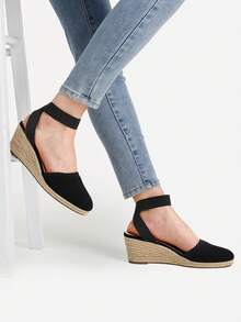 Women's Elastic Ankle Strap Espadrilles Wedge Sandals - Black Knit - View 10
