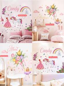 1 件 30*120 厘米玫瑰花束公主白马城堡墙贴，花卉仙女贴花，适用于儿童房、公主房、托儿所，可移除且自粘