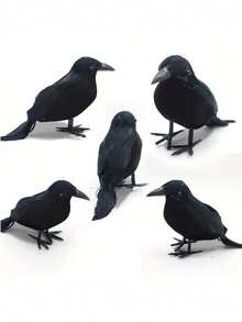 5 件万圣节黑乌鸦套装，复古风格，配有逼真的人造羽毛 - 万圣节派对装饰道具，栩栩如生的塑料乌鸦，适合季节性室内装饰，无需用电